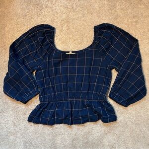 Madewell Navy Plaid Peplum Top Puff Sleeve Smocked Blouse Size L